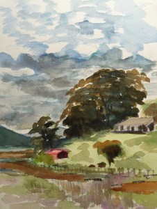 Tomales Bay looking north from Point Reyes Station, watercolor. Robin L. Chandler Copyright 2015